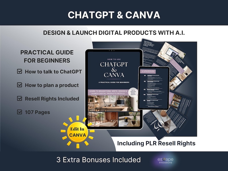ChatGPT Prompts for Digital Products – Canva eBook Template – Beginner AI Business Guide – PLR Included