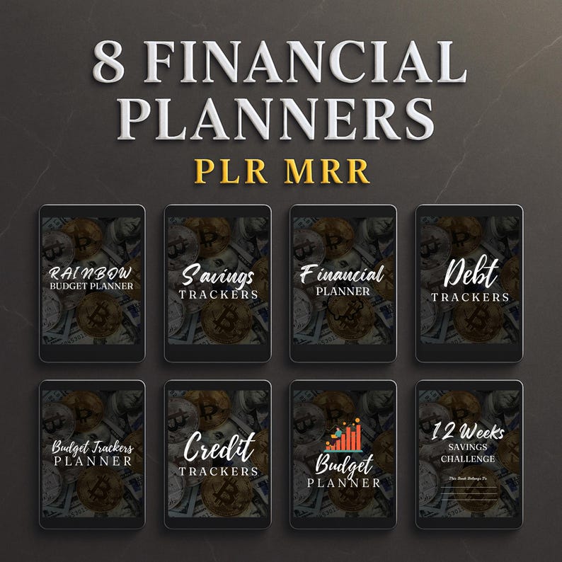 8 Financial Planners PLR & MRR, Budget trackers, Debt Tracker, Savings Tracker, Monthly Budget, Yearly budget, Savings Challenge Tracker