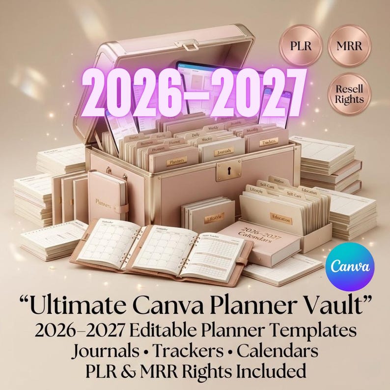 Editable Gold Canva Planner Templates Bundle (2026-2027) – Journals, Trackers, Calendars (PLR, MRR)