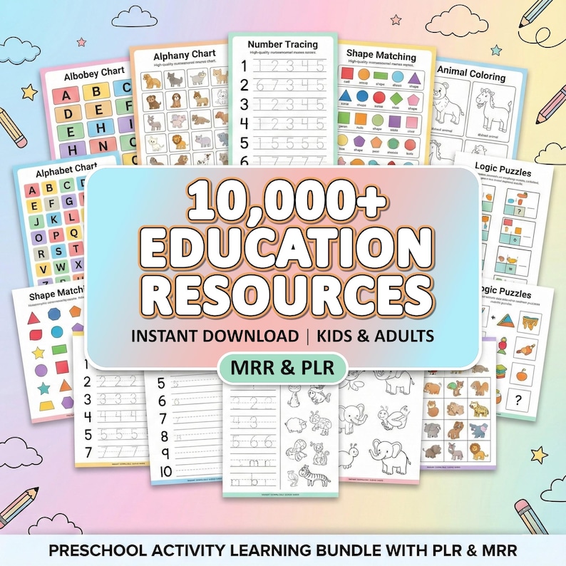 Kids Learning Activities Bundle | 10,000+ Educational Kids Resources Coloring Books, Worksheets (PLR, MRR)