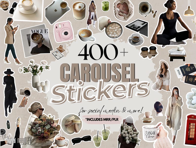 400+ Carousel Stickers | Digital Sticker Pack PNG | Aesthetic Canva Stickers | Social Media PLR MRR Resell Bundle Kit | Planner Stickers