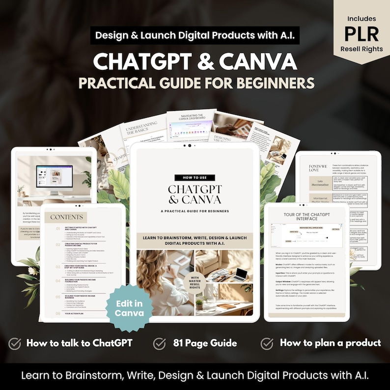 Chat GPT & Canva Guide 2025, Learn ChatGPT, Beige Aesthetic Editable Canva eBook, PLR Digital Product, Template Resell for profit, PDF