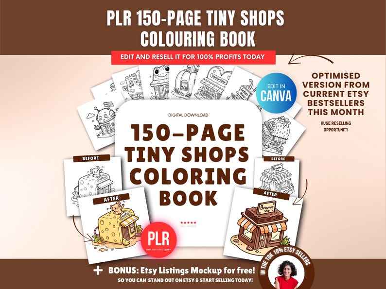 Libro para colorear de 150 páginas sobre tienditas (PLR), plantilla editable de Canva, derechos de reventa (PLR), paquete de páginas para colorear de