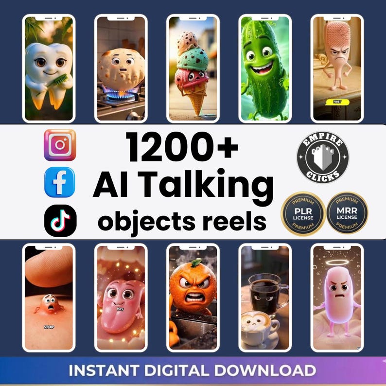 1200+ AI Talking Object Videos | Viral Reels Bundle PLR MRR | Faceless Content Pack for TikTok, Instagram Reels & YouTube Shorts
