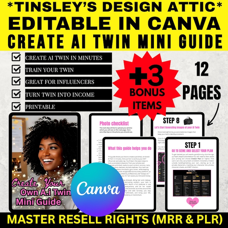 Create Your Own AI Twin Guide | MRR & PLR | Pixar | Avatar Creation | Clone | Virtual | Artificial Intelligence | Personal Assistant | Canva