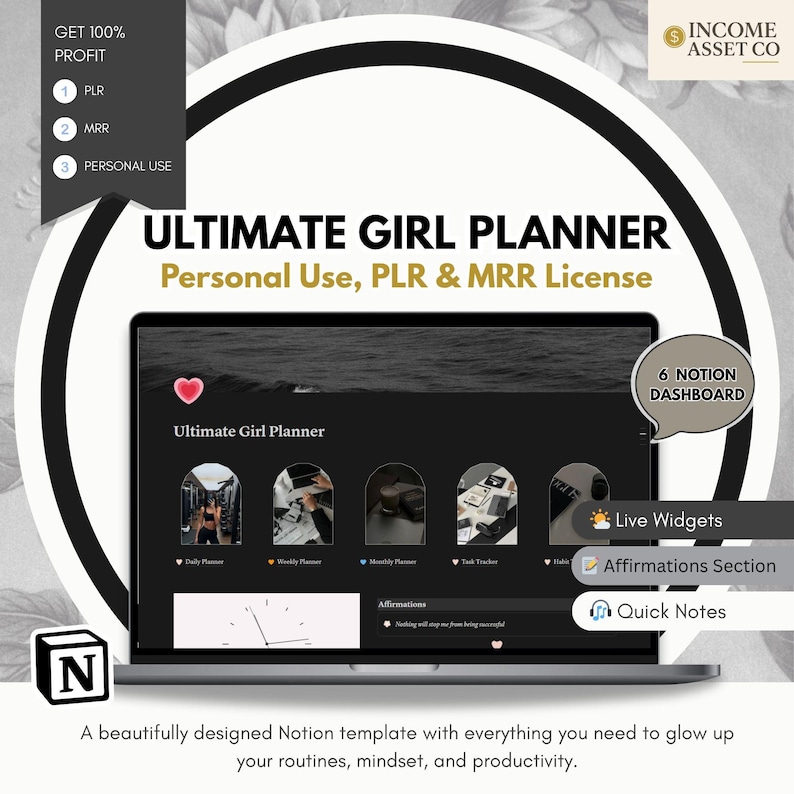 Glow-Up Girl Planner Notion Template: Habits, Affirmations & Life Design (PLR/MRR)