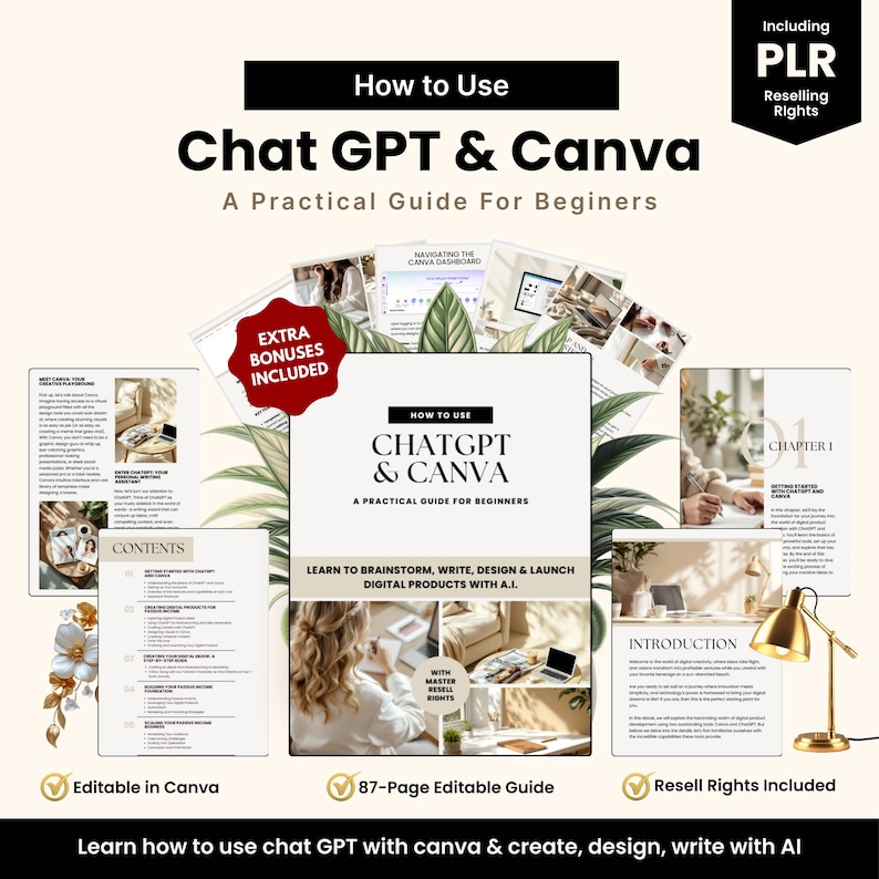 ChatGPT & Canva Guide: Digital Product Creation eBook (PLR/MRR Template, 87 Pages + Bonuses)