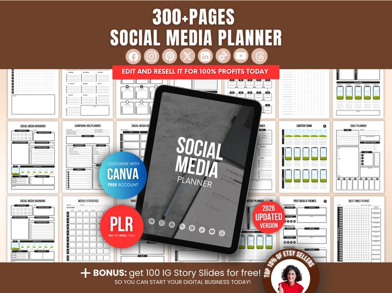 300 Page Social Media Planner Bundle: Editable Canva Templates, Printable Content Calendar Kit, PLR Resell Rights, Social Media Marketing