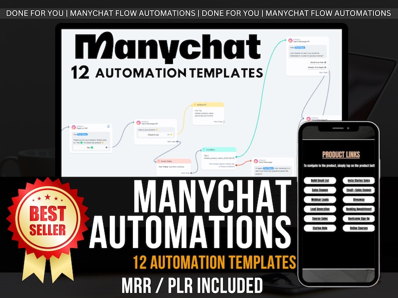 ManyChat Automation Templates, DFY Chatbot Flows for Business, Messenger Bot Scripts, Marketing Automation Bundle, PLR, MRR