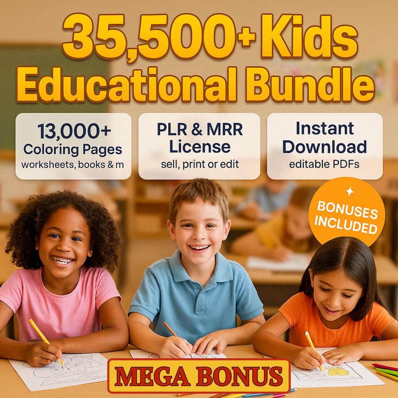 35,500+ Kids Worksheets PLR MRR Resell Rights Coloring Pages Educational Printables Bundle