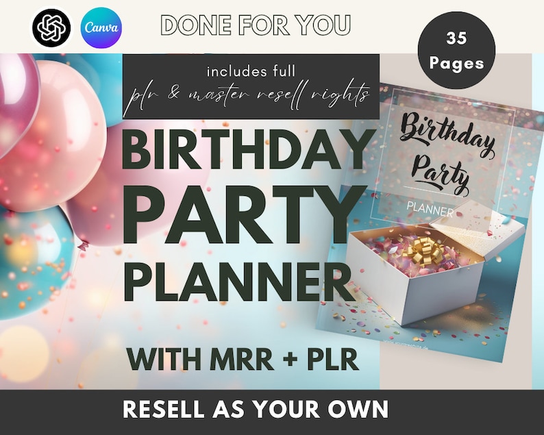 Birthday Party Planner Canva Template: MRR + PLR Digital Product