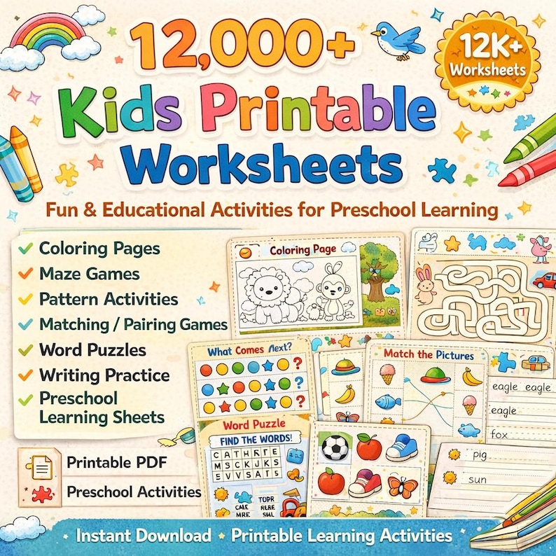 12K+ Kids Printable Worksheets | Preschool Activity Pages | Coloring, Maze, Matching, Word Search, Writing Practice