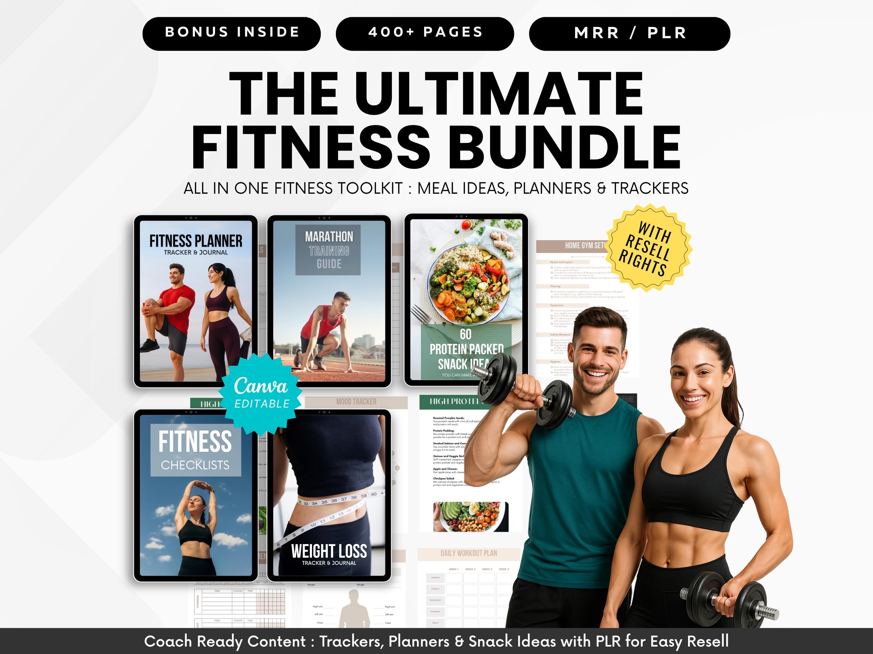 Ultimate Fitness Bundle with MRR & PLR | Fitness Planner, Weight Loss Journal, High Protein Snacks Guide, Ebooks, Canva Templates for Resale