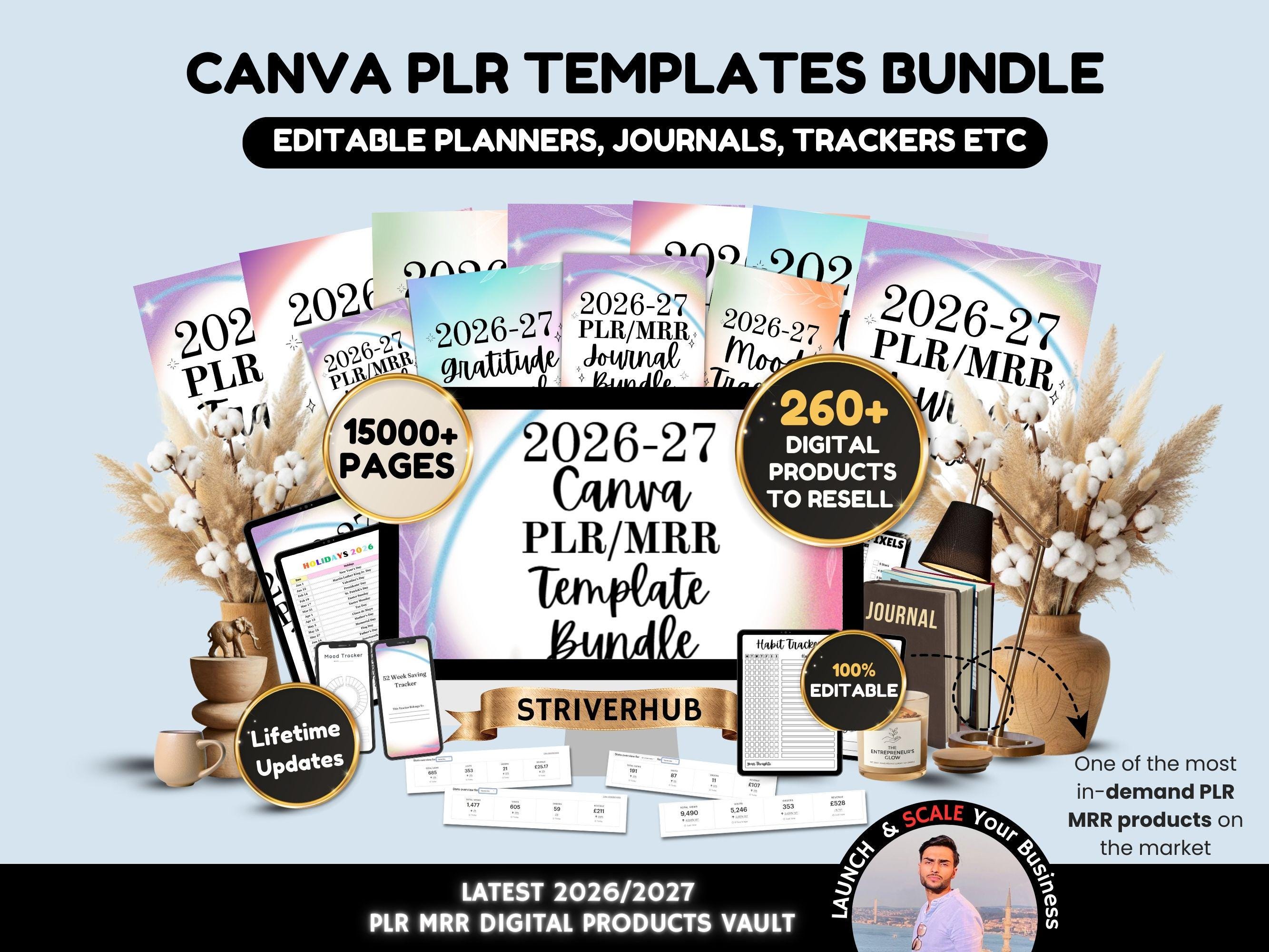 Canva PLR Templates Bundle, 15000+ Editable Planners, Journals, Trackers Templates, MRR Digital Products, Master Resell Rights