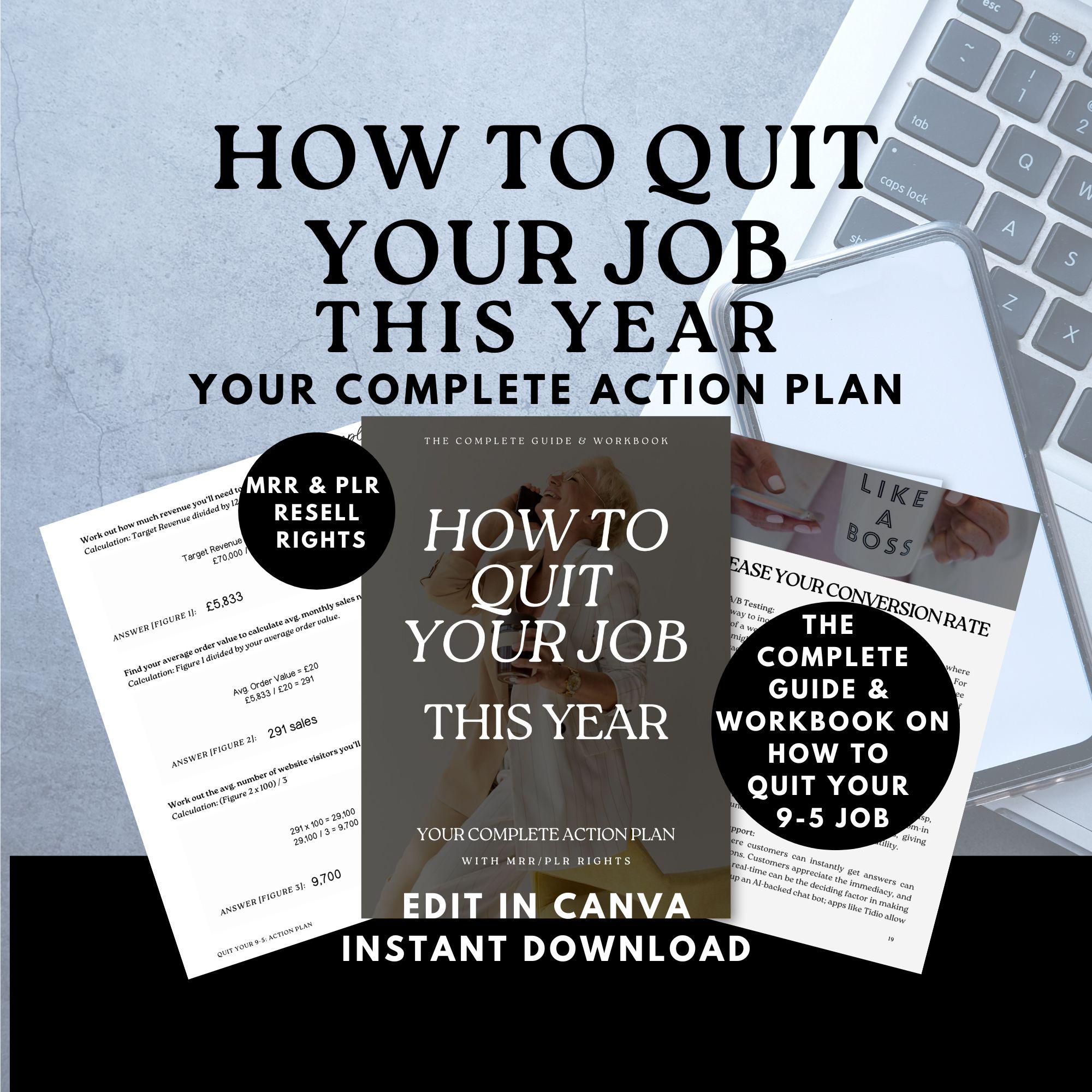 Quit Your Job eBook Guide Workbook: printable Canva Template, MRR/PLR resell rights, mindset