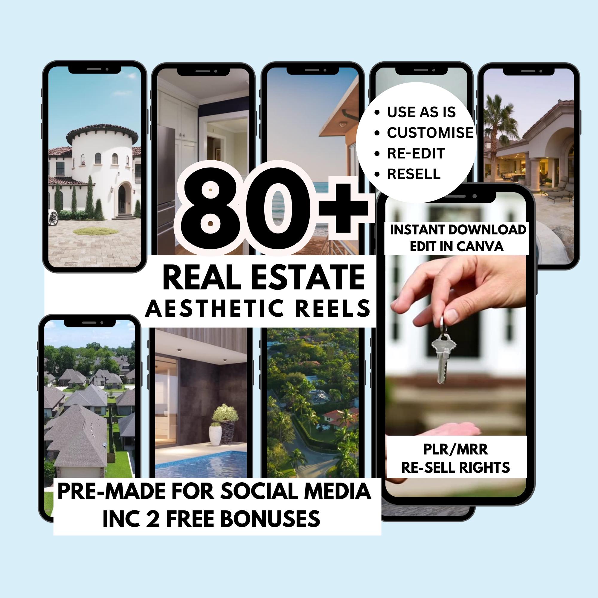 80+ Real Estate Reels: Luxury Realtor Instagram videos. Canva Templates PLR/MRR Resell Rights
